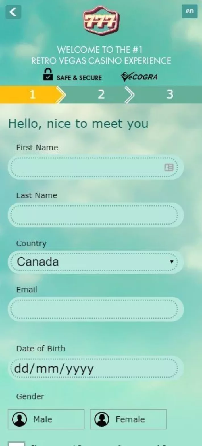 Page d'inscription 777 Casino