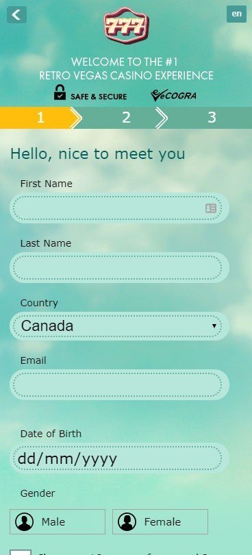 Page d'inscription 777 Casino