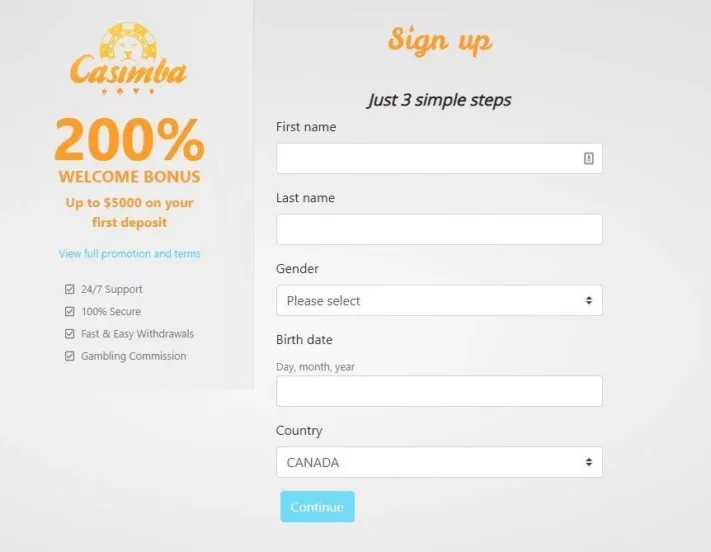 Casimba Sign Up Page Screenshot