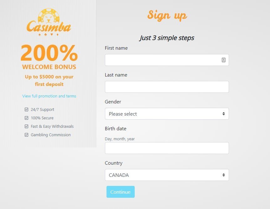 Casimba Sign Up Page Screenshot