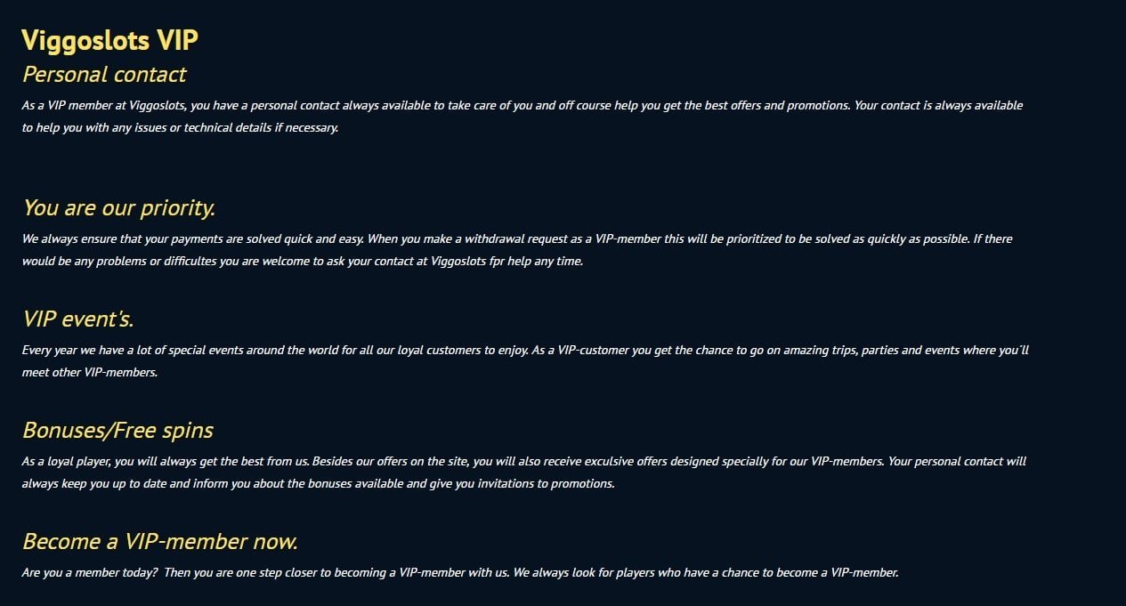 Screenshot displaying the benefits for VIP members at Viggoslots.