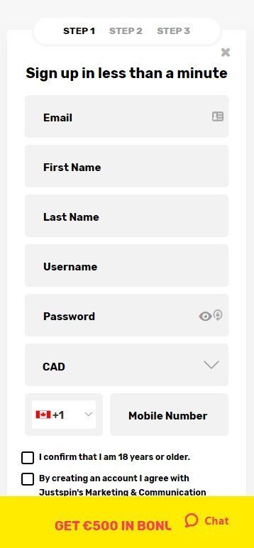 JustSpin Create An Account