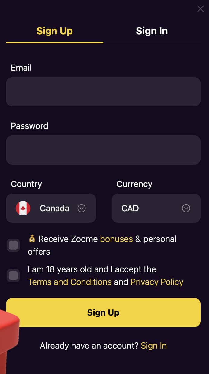 Logging in and registering at Zoome Casino